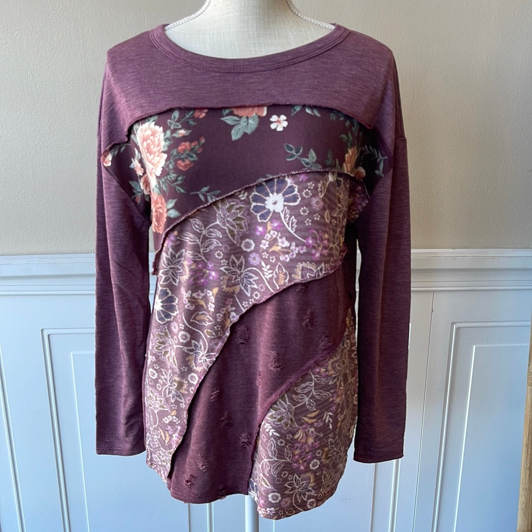 Burgundy floral patchwork French terry top