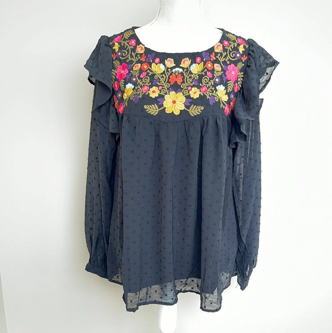 Embroidered Swiss Dot Ruffle Top