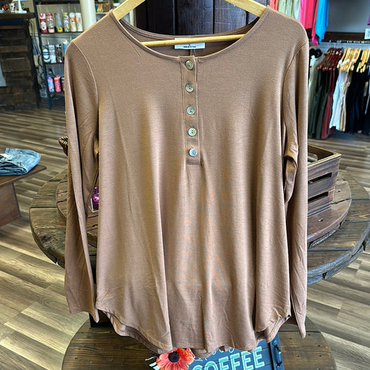 Long sleeve half button top brown