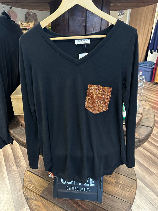 Black long sleeve with glitter pocket