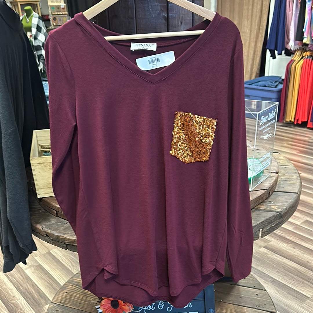 Burgundy with glitter pocket long sleeve top no