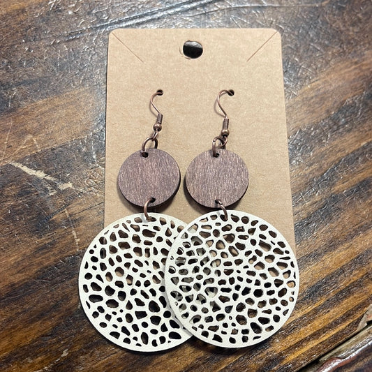 Cream leather/ wood earring