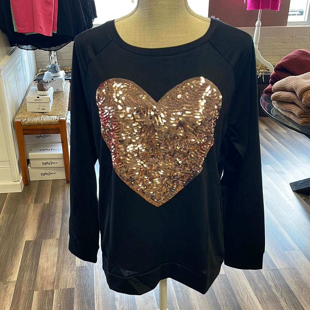 Sequin heart black French terry top