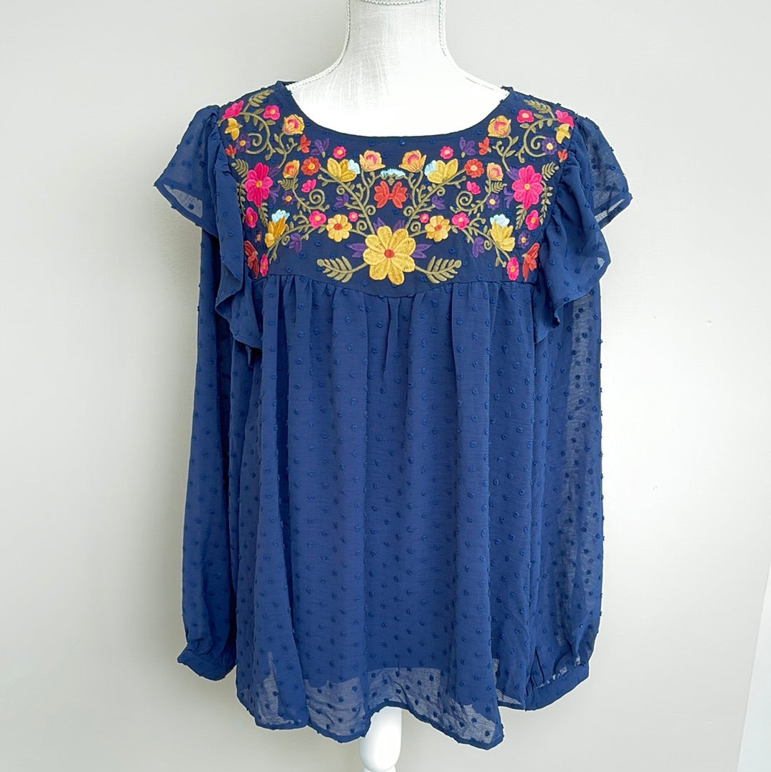 Embroidered Swiss Dot Ruffle Top