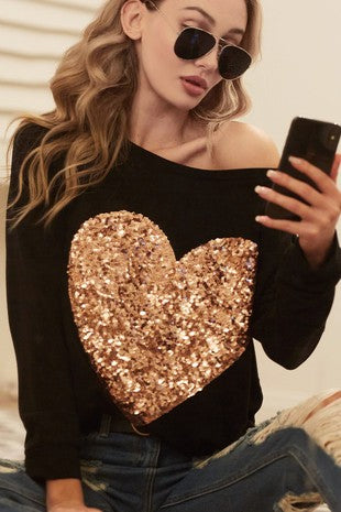 Sequin heart black French terry top