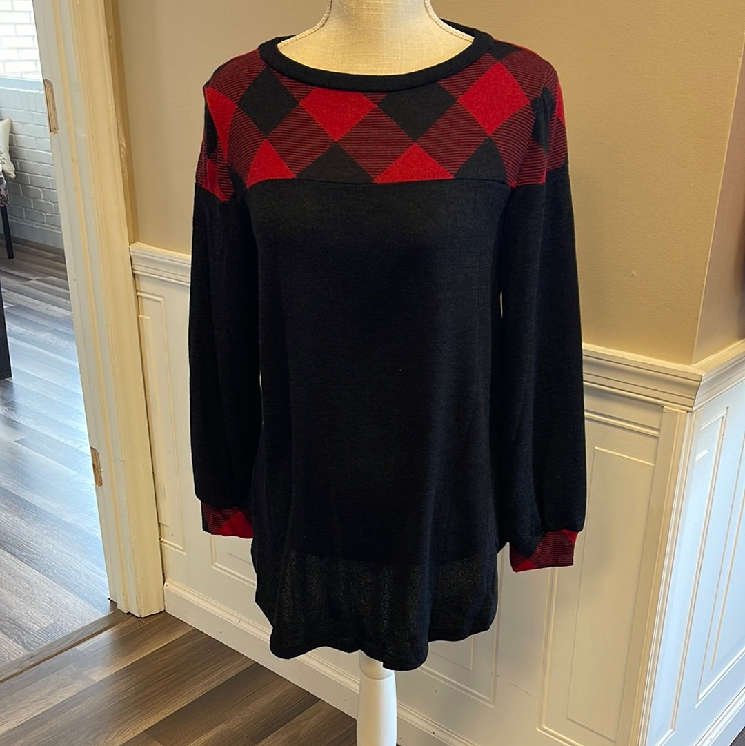 Red Buffalo Plaid Contrast Top with Cuff Detail
