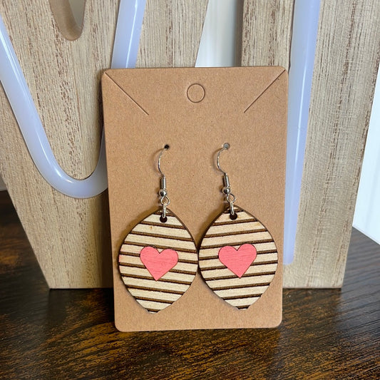 Pink heart striped dangle earrings wooden