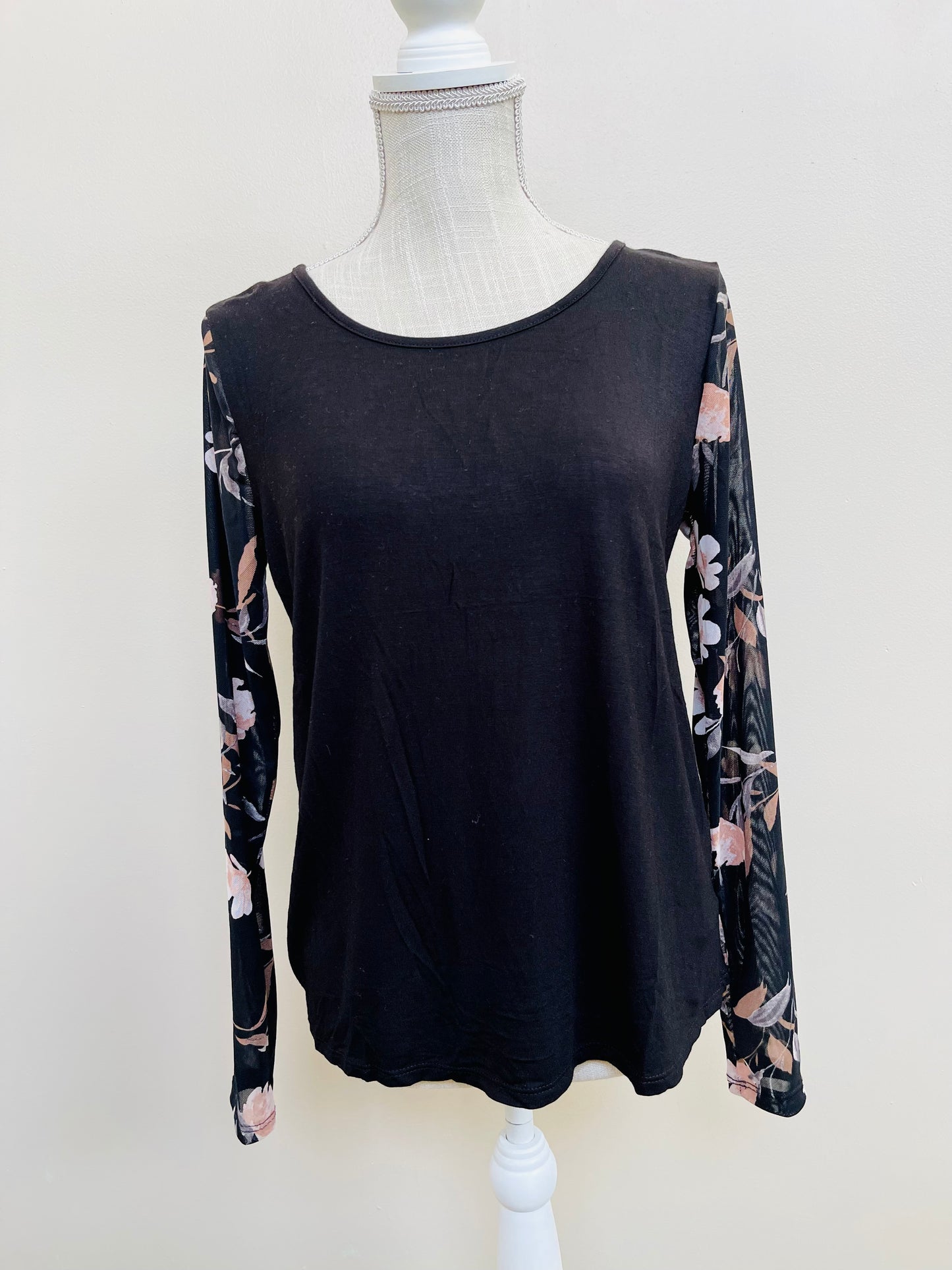 Luxe Black Top w/Sheer Floral Sleeves