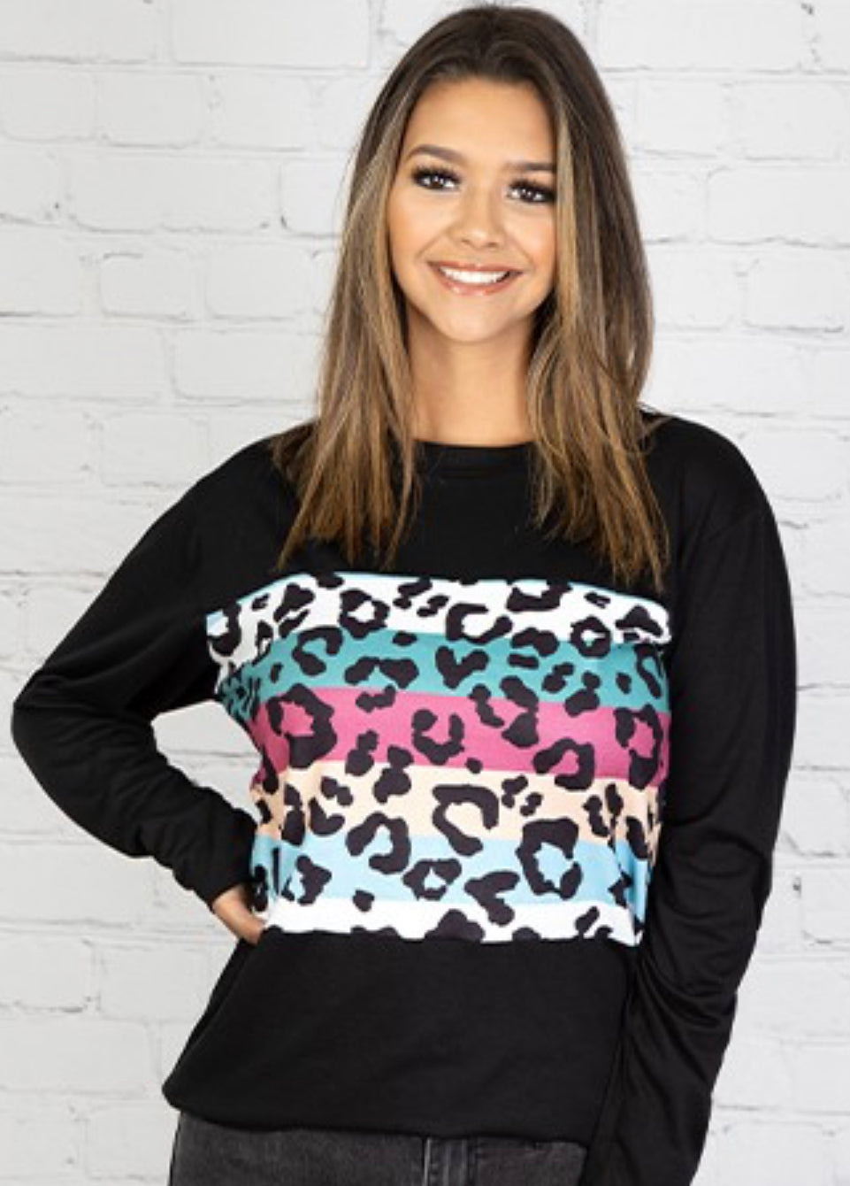Multi colored leopard striped long sleeve top