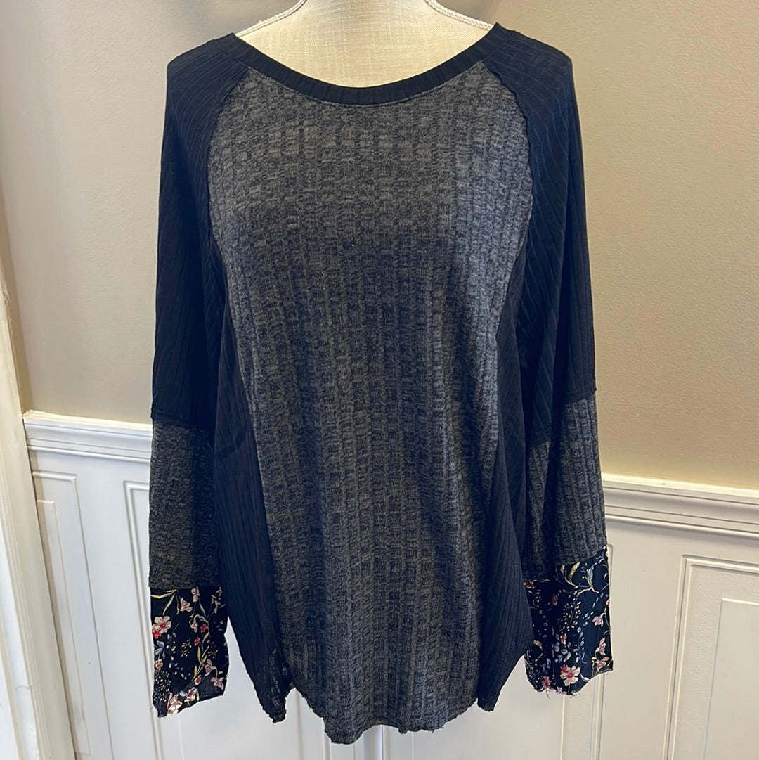 Rib knit and floral woven top