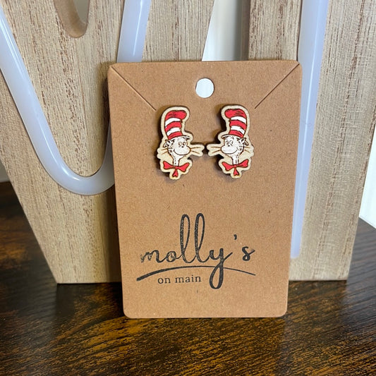 Cat in the Hat wooden earrings